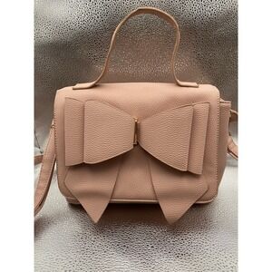 Crossi Beige Bow Accent Satchel Bag Pebbled Finish Detachable Strap Zip‎ Closure